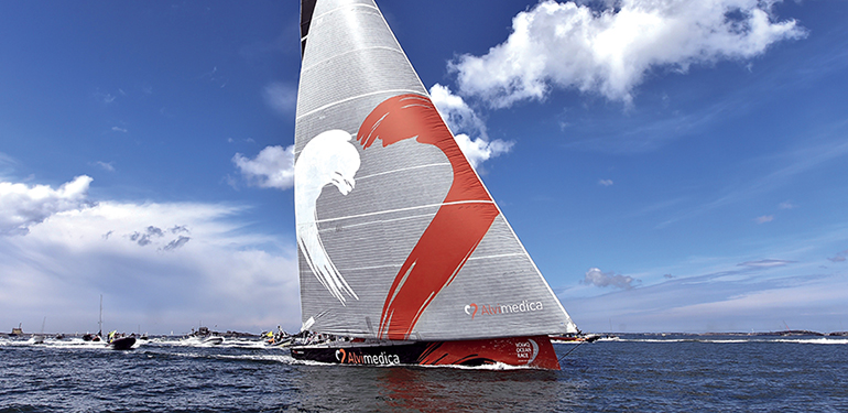 June 22, 2015. The fleet arrives in Gothenburg completing the 2014-15 Volvo Ocean Race. Team Alvimedica approaching the finish line.